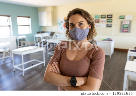 Female teacher standing with arms crossed in classroom wearing face mask beside world map poster 129581655