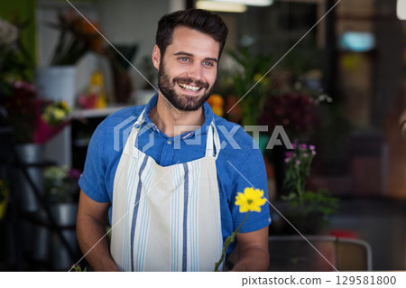 Male florist wearing striped apron working at flower shop holding yellow daisy near buckets Male florist wearing striped apron working at flower shop holding yellow daisy near buckets 129581800