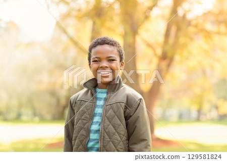 African American boy standing and smiling in park wearing quilted olive jacket and striped shirt African American boy standing and smiling in park wearing quilted olive jacket and striped shirt 129581824
