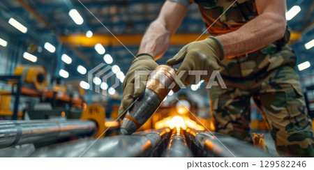 Military factory worker assembling artillery shell in production line 129582246