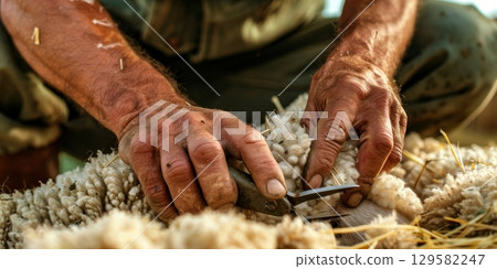 Farmer shearing sheep with scissors in traditional way 129582247