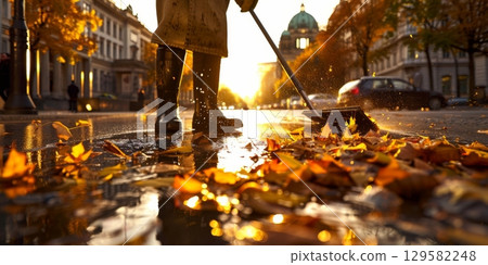 Street cleaner sweeping autumn leaves at sunset in berlin city center 129582248