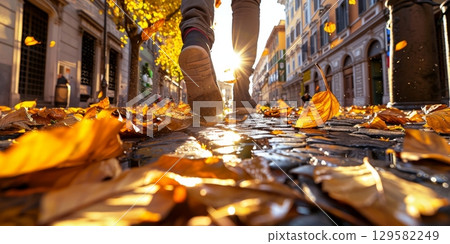 Tourist walking on cobblestone street covered with autumn leaves in european city 129582249