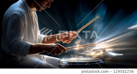 Drummer performing with energy, creating light trails with drumsticks and cymbals 129582256