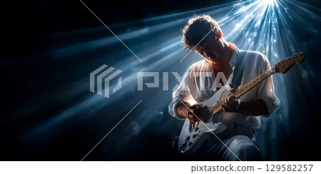 Guitarist performing on stage with dramatic lighting effects 129582257