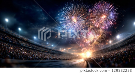 Fireworks exploding over a stadium full of cheering fans at night 129582258