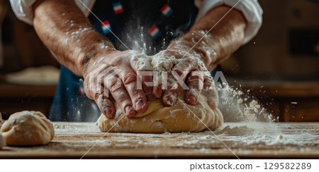 Baker kneading dough on wooden table in rustic kitchen 129582289