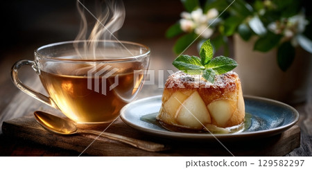 Steaming cup of tea accompanying freshly baked apple charlotte 129582297