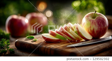 Sliced fresh apple on wooden cutting board with knife 129582302