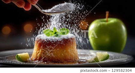 Chef sprinkling icing sugar on apple charlotte with mint and apple slices 129582304