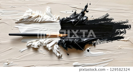 Brush painting black and white strokes on canvas with impasto technique 129582324