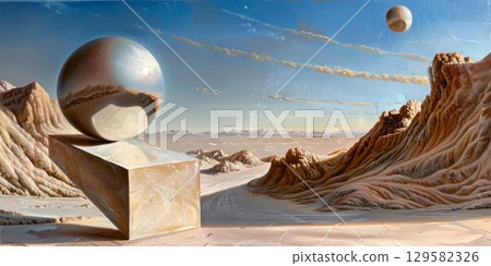 Reflective sphere balancing on stone pedestal in surreal desert landscape 129582326
