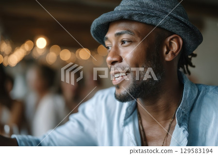 Middle-aged Black male variety performer engages lively audience in vibrant venue 129583194