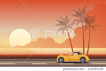 黃昏時分在海邊道路上行駛的黃色汽車的背景插圖素材向量夏季 129583195