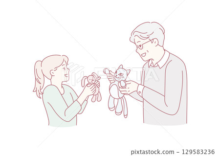 Happy grandfather play dolls with small granddaughter 129583236