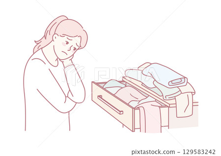 Confused girl look at clothes have nothing to wear 129583242