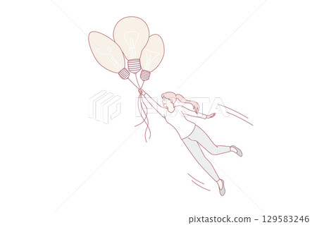 Motivated woman flying in sky on lightbulbs.  129583246