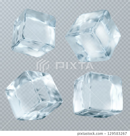Transparent ice cubes with crystal clear surfaces 129583267