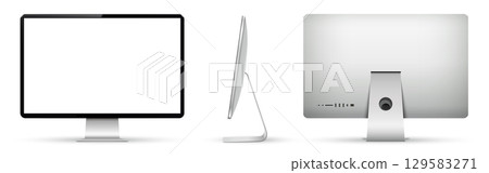 Realistic computer on three sides with blank screen. Front, side and back view of computer display. 129583271