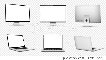 Realistic computer screen mockup. Laptop computer mockup different angles views on transparent background. 129583272