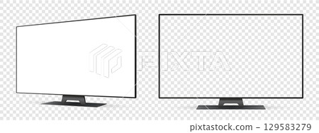 tv screen mockup, front and side view with white empty screen on transparent background. 129583279