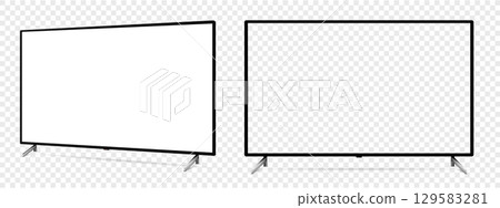 Smart tv mockup. Front and side view with white empty screen on transparent background. 129583281