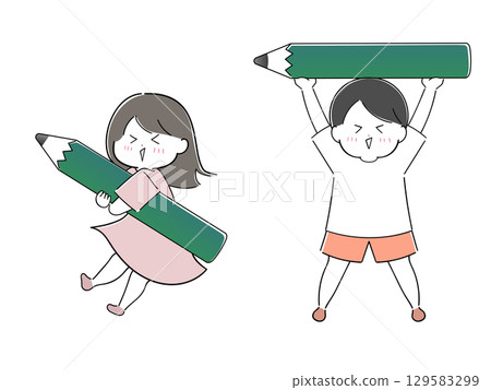 拿著鉛筆的女孩和男孩 129583299