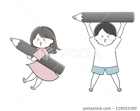 一個女孩和一個男孩拿著彩虹色的鉛筆 一個女孩和一個男孩拿著彩虹色的鉛筆 129583300