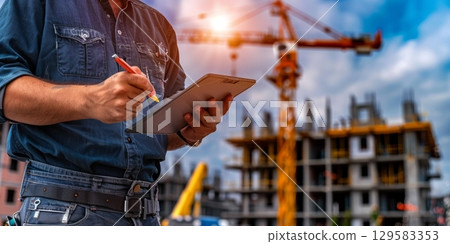 Construction engineer using tablet and stylus pen at construction site, inspecting building under construction 129583353