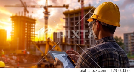 Construction engineer using tablet and inspecting building progress at sunset 129583354