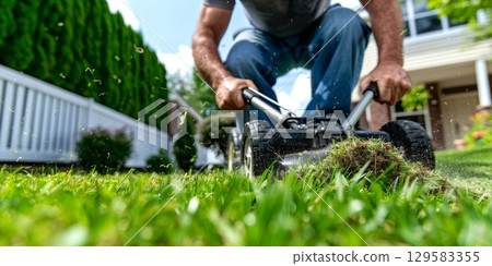Gardener cutting grass with lawnmower in garden on sunny day 129583355