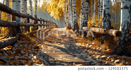 Pathway covered with fallen leaves leading through autumn forest 129583375