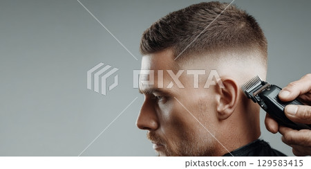 Hairdresser using hair clipper on man's hair in barbershop 129583415