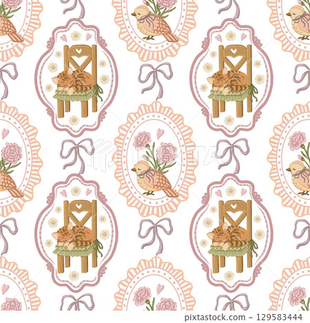 Cute sleeping cat and little bird in pastel wavy frame seamless pattern. Hand drawn coquette style with soft floral background. Great for textile and wallpaper. Perfect for bed linen and kids decor. 129583444