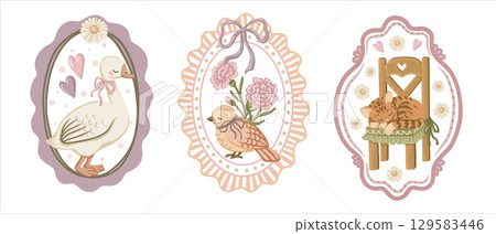 Vintage set with goose bird and sleep cat in pastel wavy frame. Hand drawn coquette cartoon illustration with pink ribbon bow and flower. Great for greeting card design and print decor or invitation. Vintage set with goose bird and sleep cat in pastel wavy frame. Hand drawn coquette cartoon illustration with pink ribbon bow and flower. Great for greeting card design and print decor or invitation. 129583446