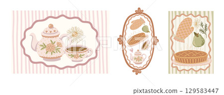Vintage kitchen poster set with dishware and pie in pastel wavy frame. Hand drawn coquette cartoon illustration with striped background. Great for greeting card design and print decor or invitation. 129583447
