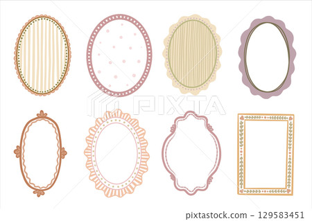 Doodle vector illustration of a frame and background set. Geometric shape with ribbon, stripe, and polka dot element. Great for invitation card or retro poster design. Perfect for holiday print. 129583451