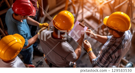 Miners reading instructions during work in the mine 129583530