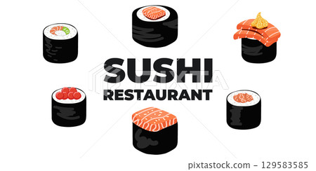 Vector illustrated advertising web and desktop banner with Japanese cuisine, traditional Asian food including sushi and rolls, perfect for Asian restaurant branding, menu design, and promotional Vector illustrated advertising web and desktop banner with Japanese cuisine, traditional Asian food including sushi and rolls, perfect for Asian restaurant branding, menu design, and promotional 129583585