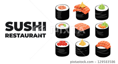 Vector illustrated advertising web and desktop banner with Japanese cuisine, traditional Asian food including sushi and rolls, perfect for Asian restaurant branding, menu design, and promotional Vector illustrated advertising web and desktop banner with Japanese cuisine, traditional Asian food including sushi and rolls, perfect for Asian restaurant branding, menu design, and promotional 129583586
