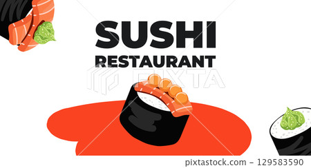 Vector illustrated advertising web and desktop banner with Japanese cuisine, traditional Asian food including sushi and rolls, perfect for Asian restaurant branding, menu design, and promotional Vector illustrated advertising web and desktop banner with Japanese cuisine, traditional Asian food including sushi and rolls, perfect for Asian restaurant branding, menu design, and promotional 129583590