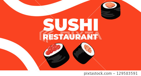 Vector illustrated advertising web and desktop banner with Japanese cuisine, traditional Asian food including sushi and rolls, perfect for Asian restaurant branding, menu design, and promotional Vector illustrated advertising web and desktop banner with Japanese cuisine, traditional Asian food including sushi and rolls, perfect for Asian restaurant branding, menu design, and promotional 129583591