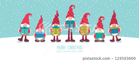 cute dwarf holding gifts and snowy landscape christmas greeting card vector illustration 129583600