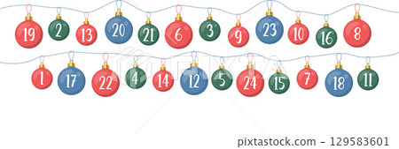 advent calendar with hanging christmas balls on red background vector illustration 129583601