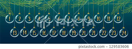 advent calendar with hanging christmas balls in white and golden colors vector illustration 129583606