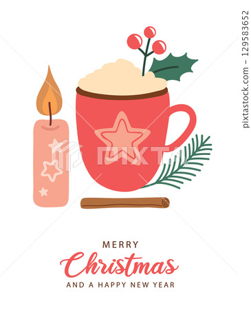 christmas greeting card with tasty hot drink vector illustration 129583652