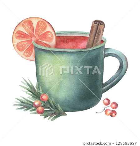 Mug filled with mulled wine, orange slice, cinnamon stick, berries, fir branch. Hand-painted watercolor illustration of drink isolated on white for holiday design, menu, cards, food and drink branding 129583657