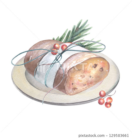 Christmas stollen on flat plate, berries, fir branch. Hand-painted watercolor illustration isolated on white background for holiday cards, bakery branding, menu design, winter decor, culinary projects Christmas stollen on flat plate, berries, fir branch. Hand-painted watercolor illustration isolated on white background for holiday cards, bakery branding, menu design, winter decor, culinary projects 129583661