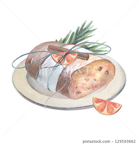 Christmas stollen on plate, orange slices, fir branch, cinnamon stick. Hand-painted watercolor illustration isolated on white for holiday cards, bakery, culinary branding, menu design, winter decor 129583662