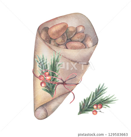 Craft wrap cone filled with caramelized almonds, fir branches, berries. Hand-painted watercolor illustration of sweet snacks isolated on white for cafe menu, holiday design, fair, market branding 129583663